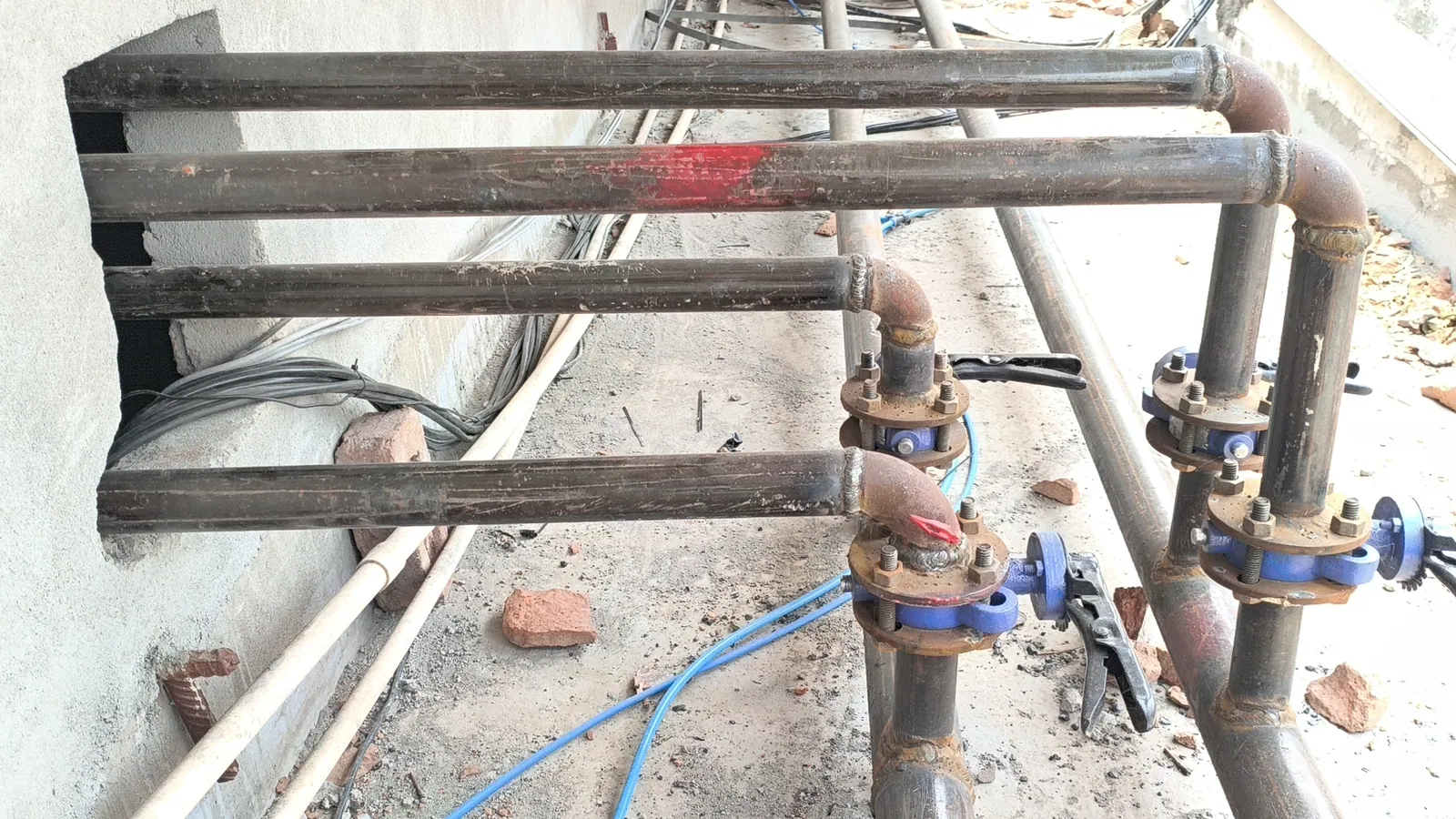 Fabricated MS water pipeline branches with flanged butterfly valves