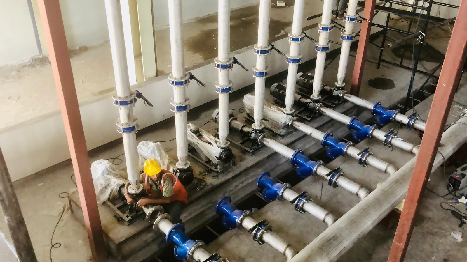 Stainless steel pipeline manifold connected to industrial pumps